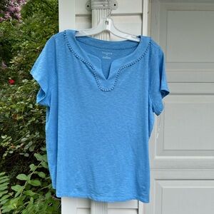 NWT Talbots Pretty Blue Split Neck Dot Lace Trim Short Sleeve Top